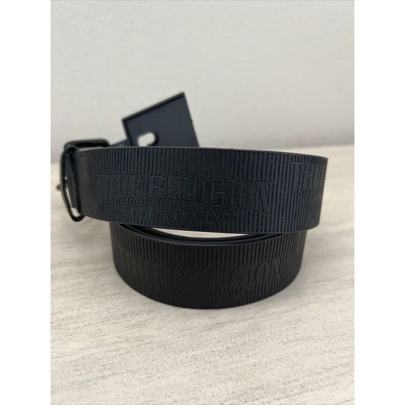 True Religion Men's Sz 34 Black Van Belt w/Textured Logo Repeat & Roller Buckle - Picture 1 of 8